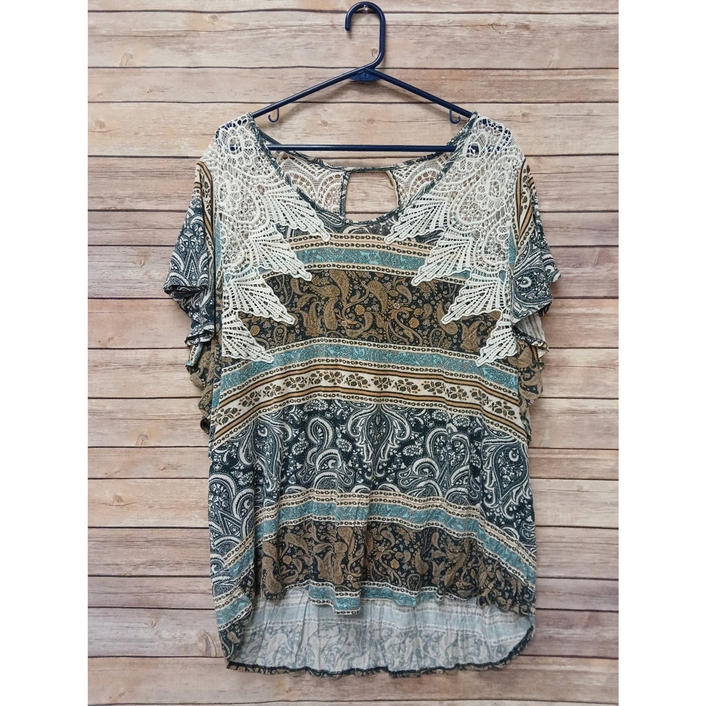 Boho Paisley Lace Yoke Blouse Women’s Short Sleeve Sheer Lightweight Top Size 22