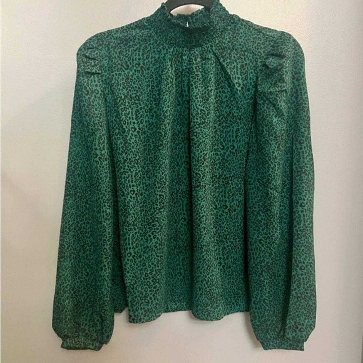 Melloday 3X Green Leopard Print Mock Neck Blouse Puff Sleeve Dressy Top Plus Siz
