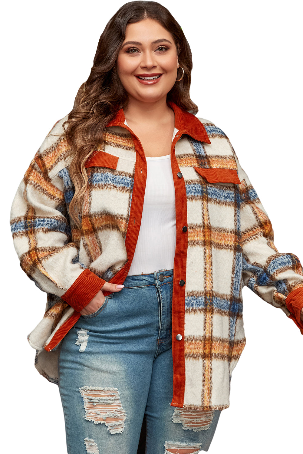 Brown Stripe Plus Size Plaid Print Collared Buttoned Jacket