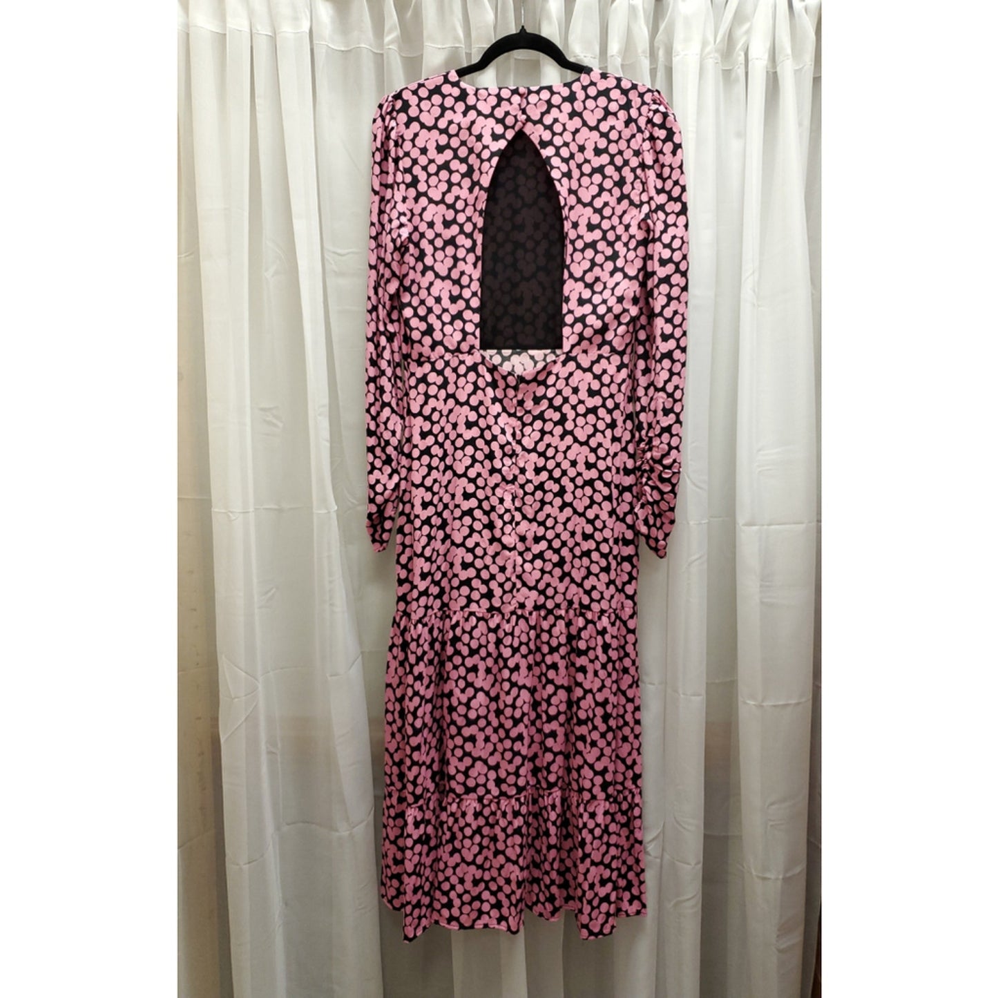 MNG Mango Pink & Black Polka Dot Long Sleeve Midi Dress | Size L #29