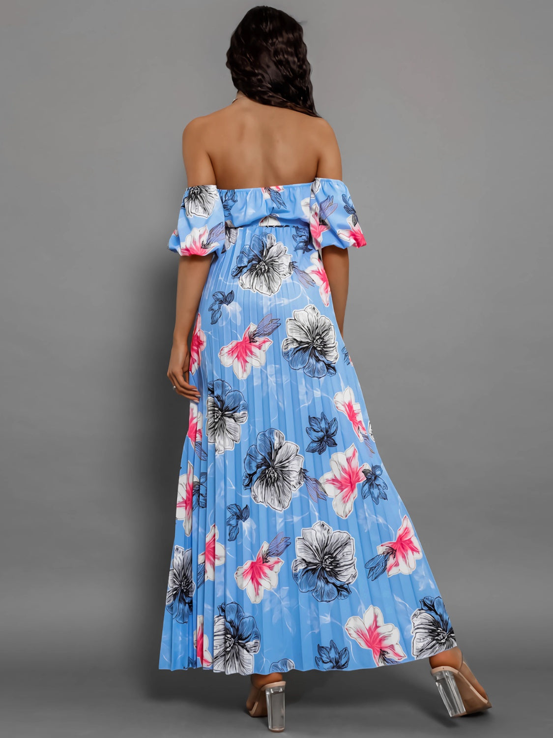 Pleated Floral Off-Shoulder Short Sleeve Midi Dress - Scarlett's Riverside Boutique 