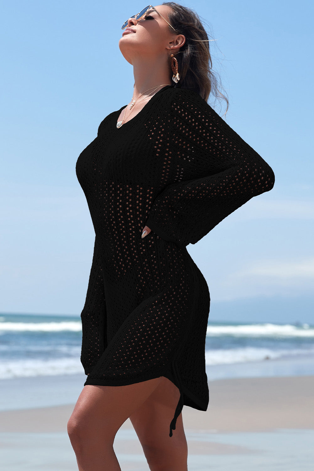 Black Hollowout Knit Bell Sleeve Drawstring Short Beach dress