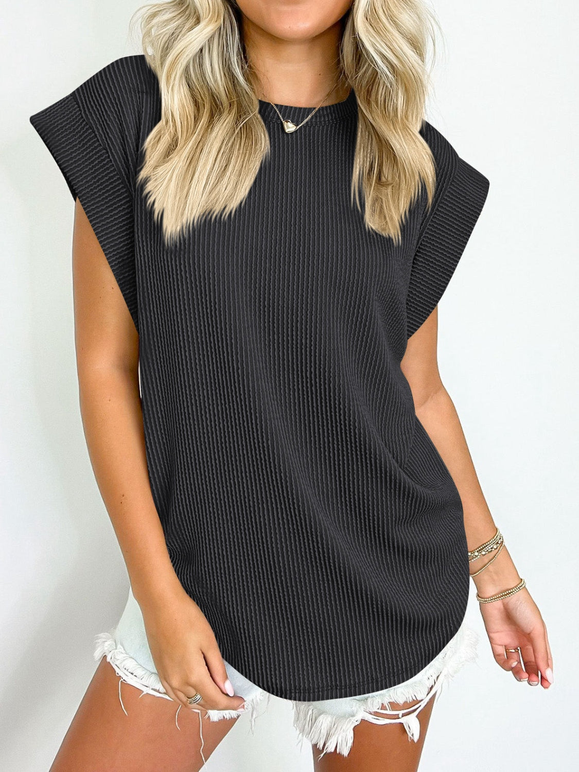 Textured Round Neck Cap Sleeve Blouse - Scarlett's Riverside Boutique 