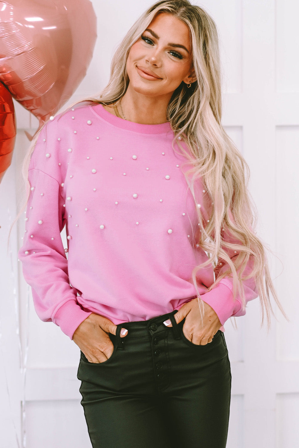 Bonbon Pearl Detail Ribbed Crew Neck Sweatshirt - Scarlett's Riverside Boutique 