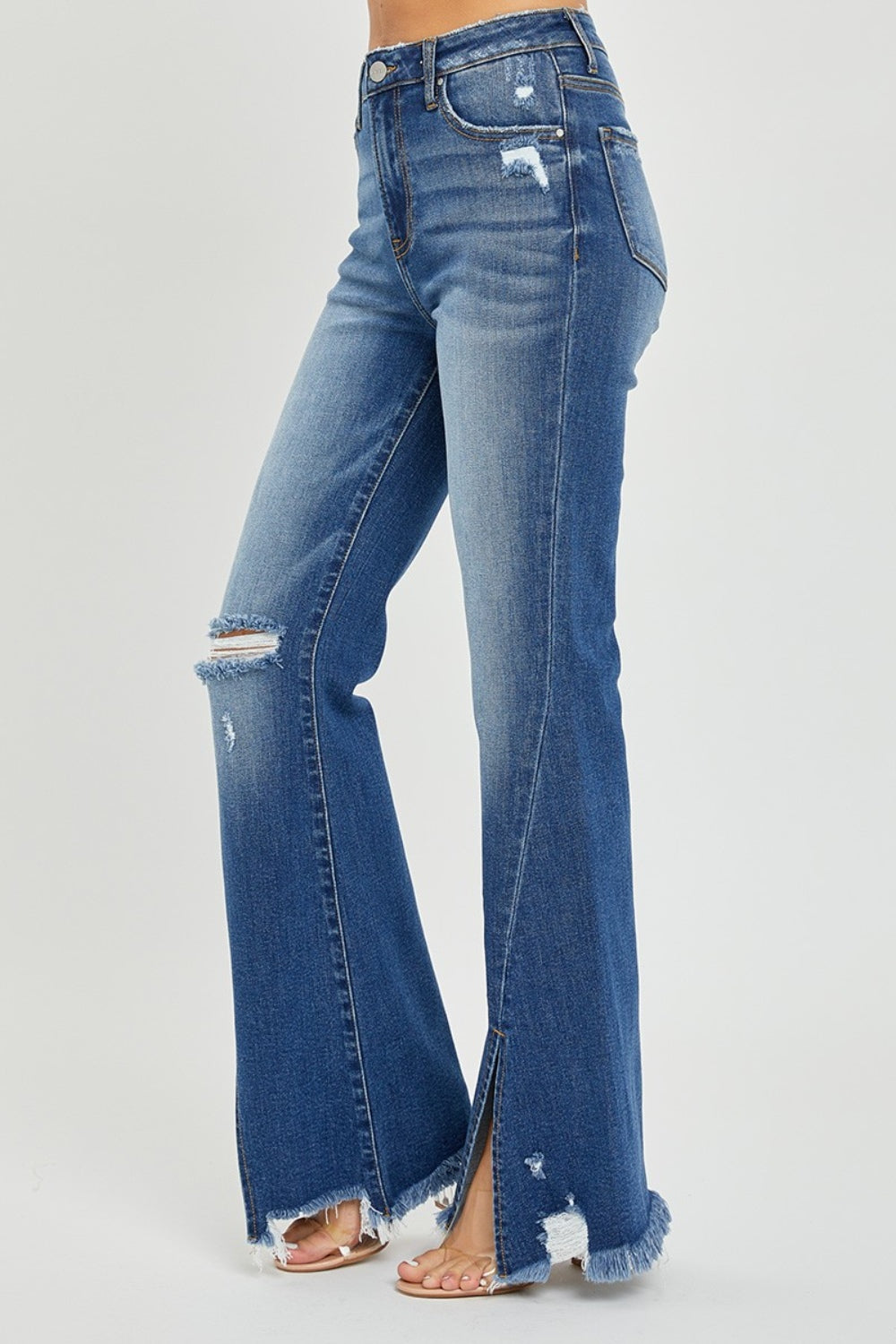 RISEN Full Size High Rise Front Slit Frayed Hem Flare Jeans - Scarlett's Riverside Boutique 