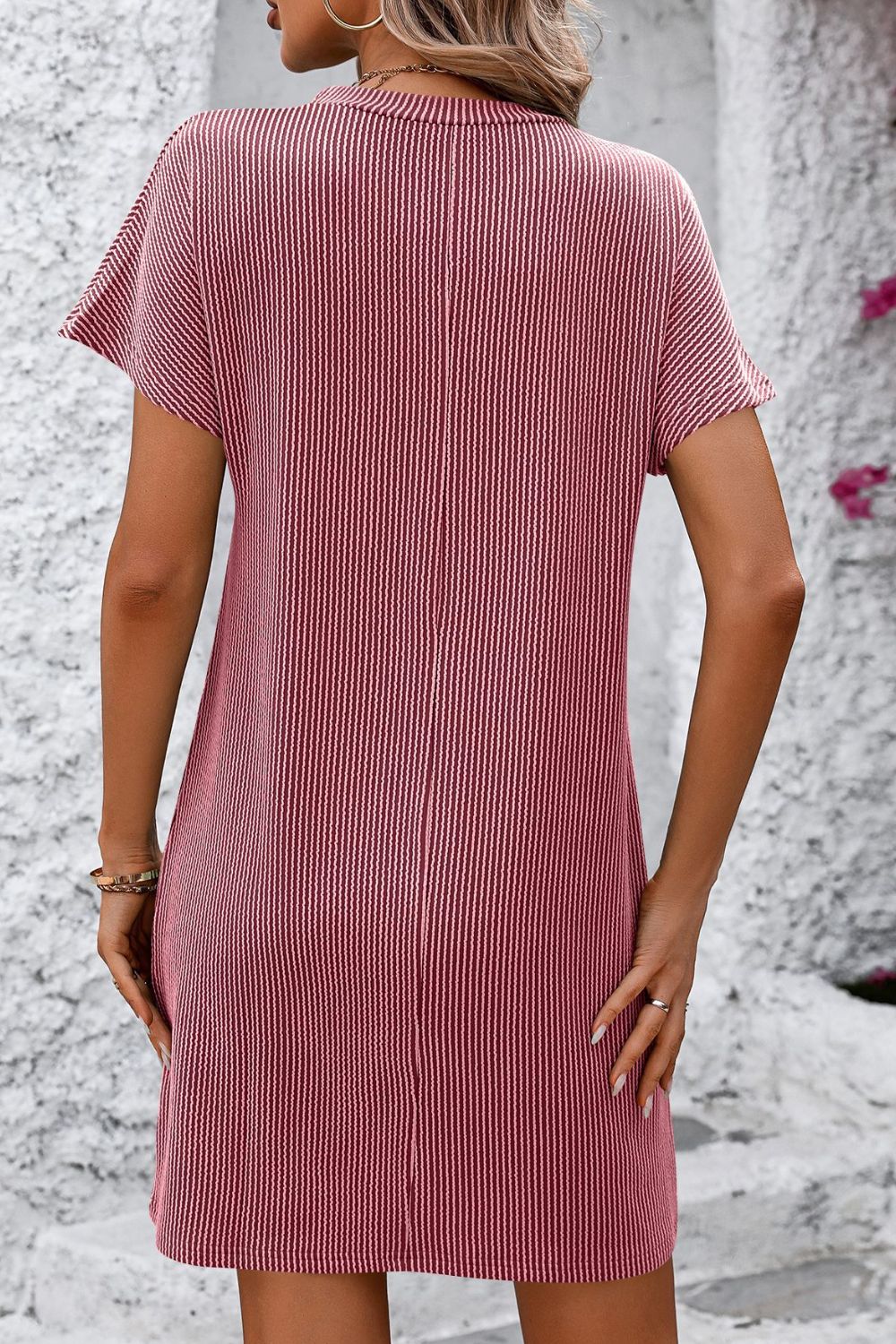 Ribbed Striped Short Sleeve Mini Tee Dress - Scarlett's Riverside Boutique 