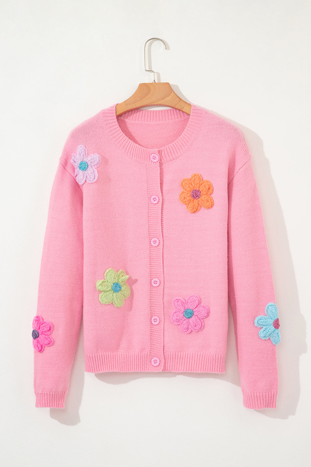 Pink Cute Knitted Floral Pattern Button Up Cardigan - Scarlett's Riverside Boutique 