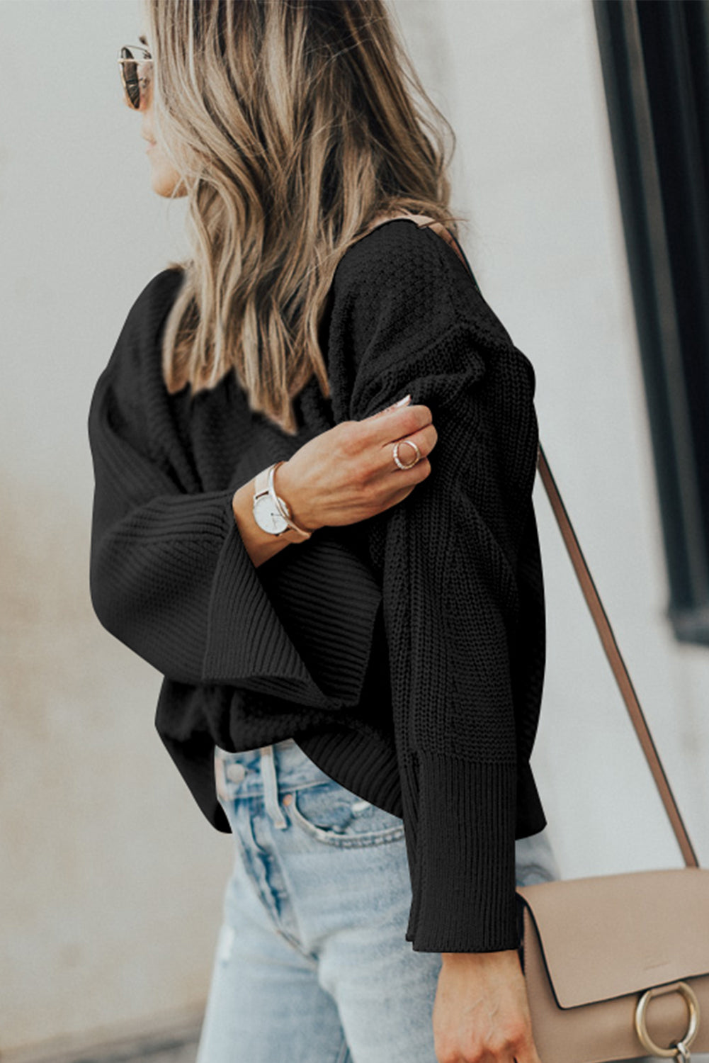 Parchment Solid Textured Knit Split Cuff Drop Shoulder Loose Sweater black or cream available!