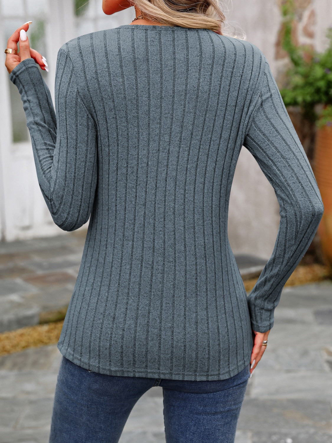 Decorative Button Round Neck Long Sleeve T-Shirt