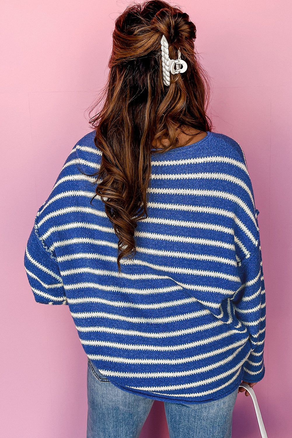 Sky Blue Stripe Drop Shoulder Casual Sweater - Scarlett's Riverside Boutique 