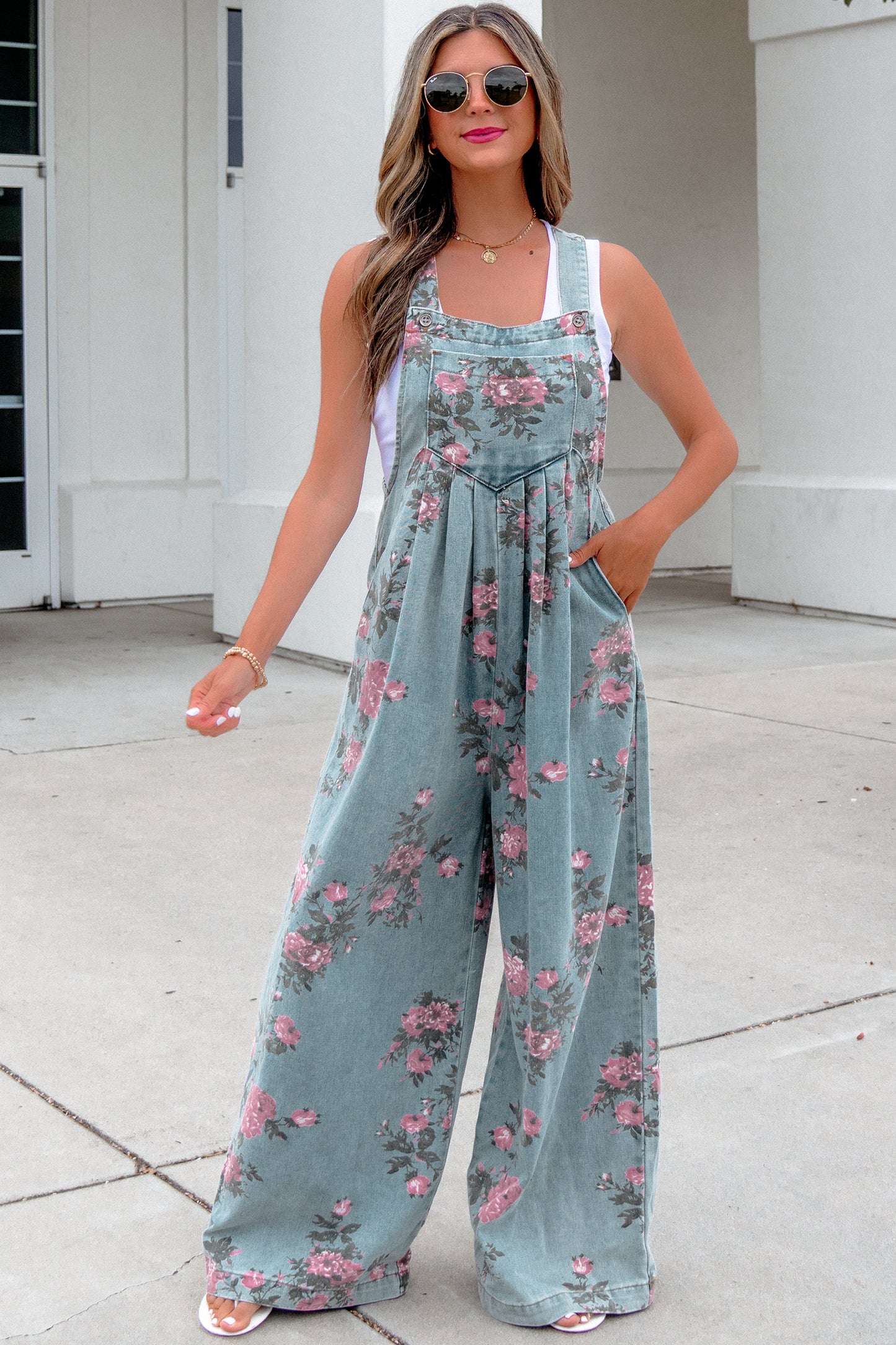 Beau Blue Floral Denim Jumpsuit Wide Leg Pleated Sleeveless Boho Overalls