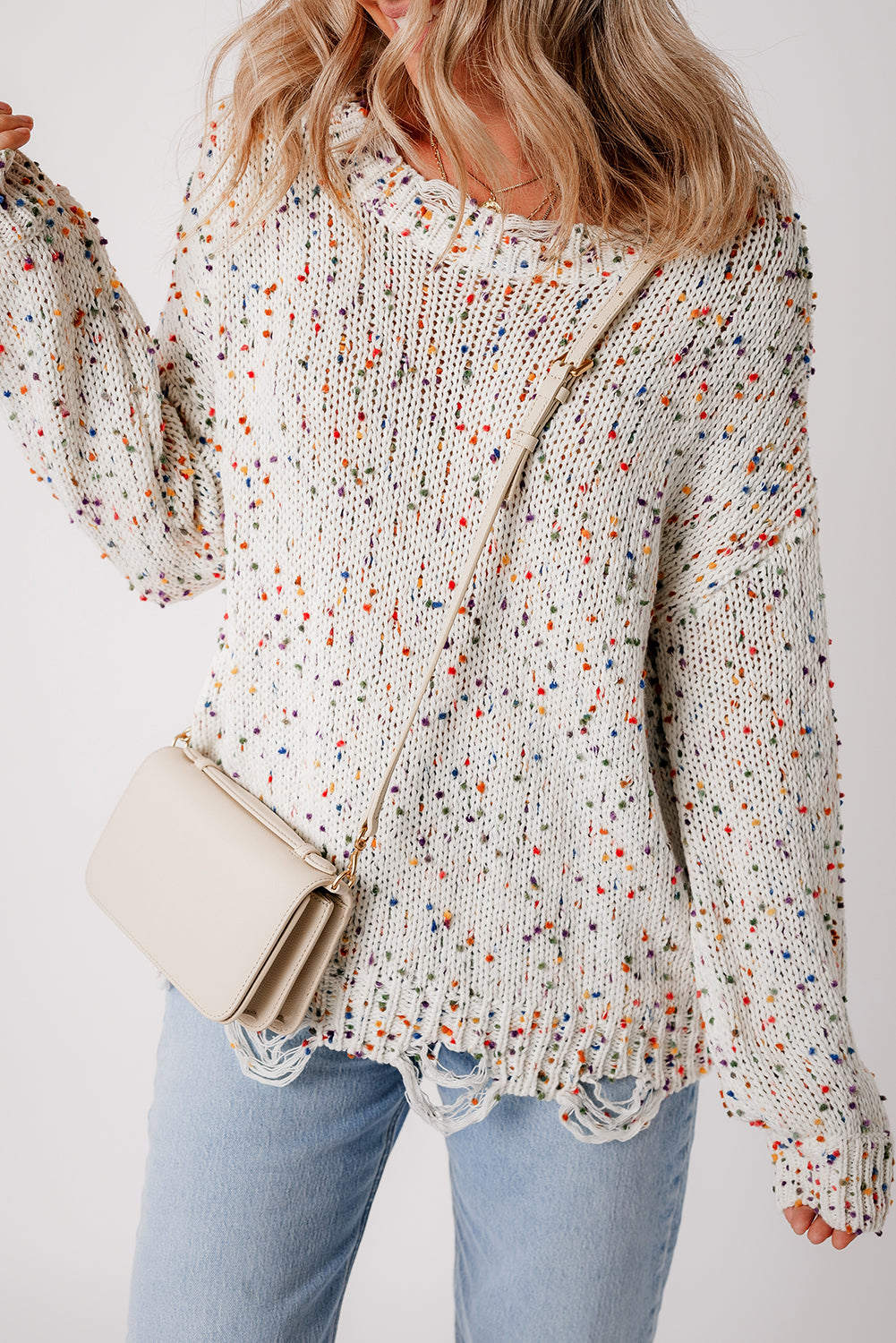 White Colorful Confetti Distressed Knit Sweater - Scarlett's Riverside Boutique 