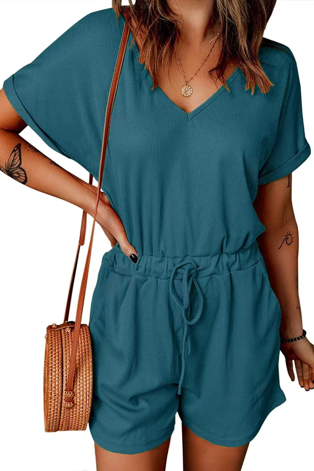 Full Size Drawstring V-Neck Short Sleeve Romper - Scarlett's Riverside Boutique 