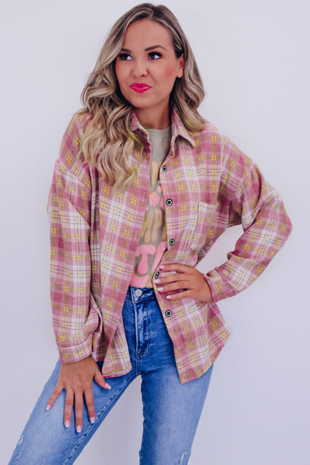 Pink Plaid Print Chest Pocket Long Sleeve Shacket - Scarlett's Riverside Boutique 