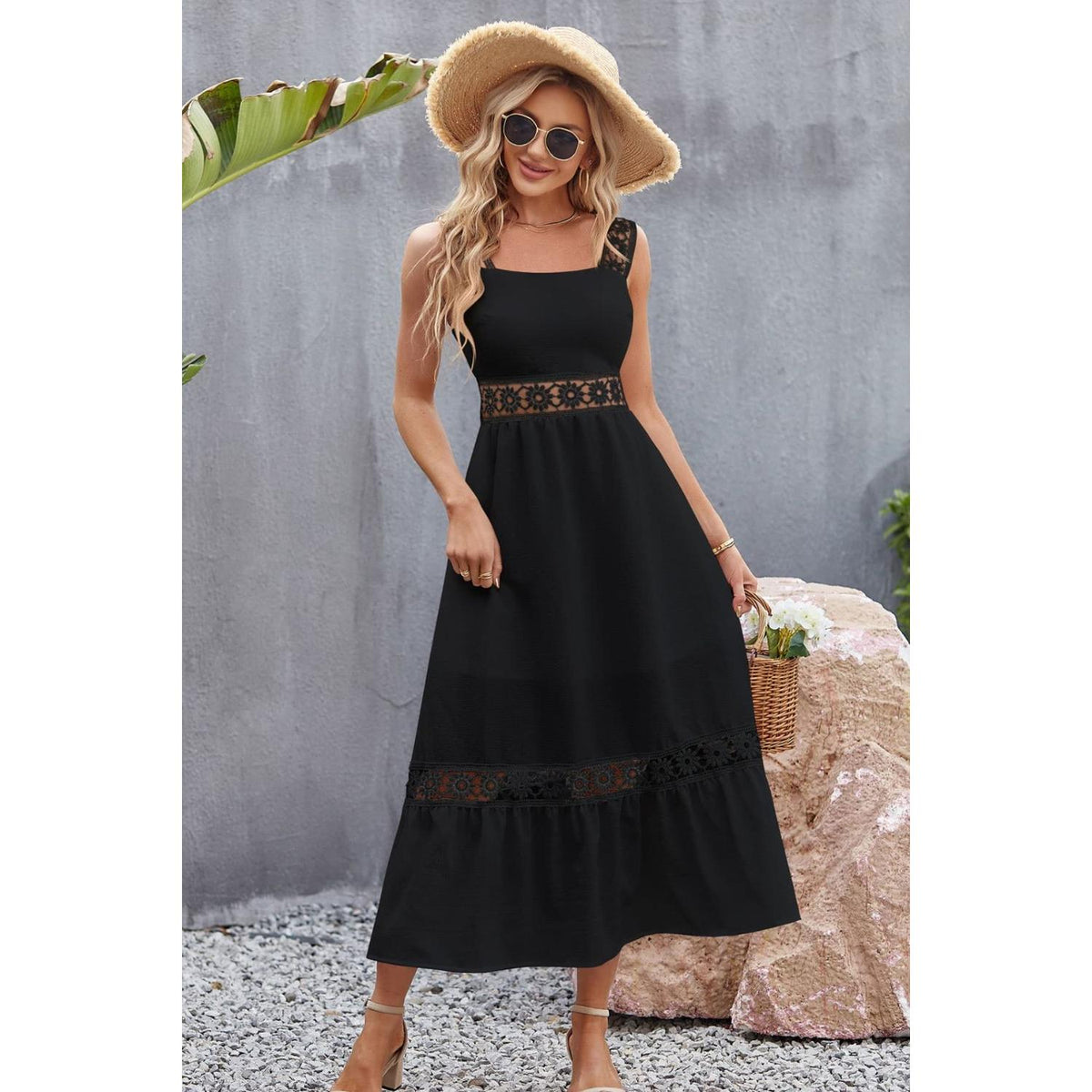 Spliced Lace Square Neck Sleeveless Midi Dress Casual Polyester Womenswear Stretchy