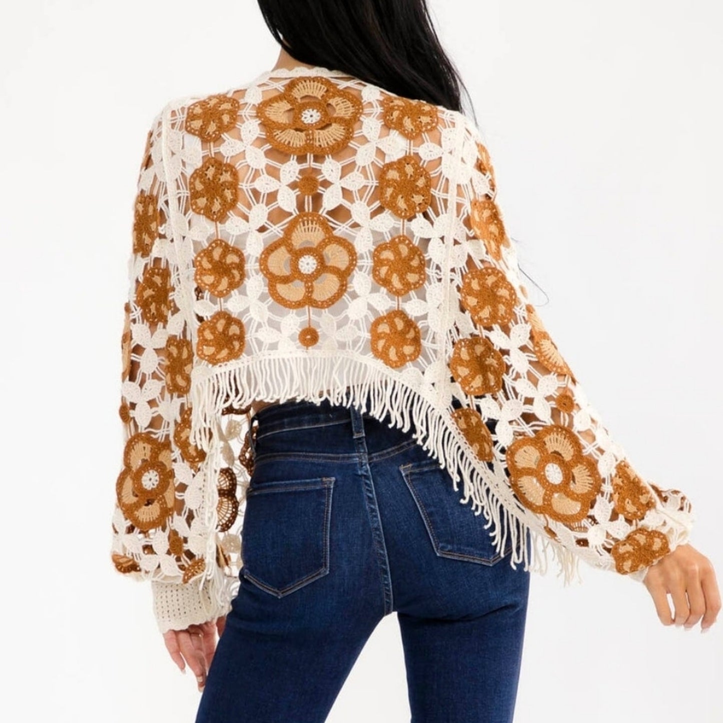 Boho Crochet Floral Fringe Crop Sweater Top Cream Brown Long Sleeve