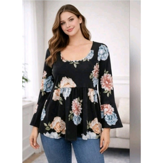 Emerald Sundae Black Floral Peplum Top Size S Bell Sleeve Square Neck Blouse