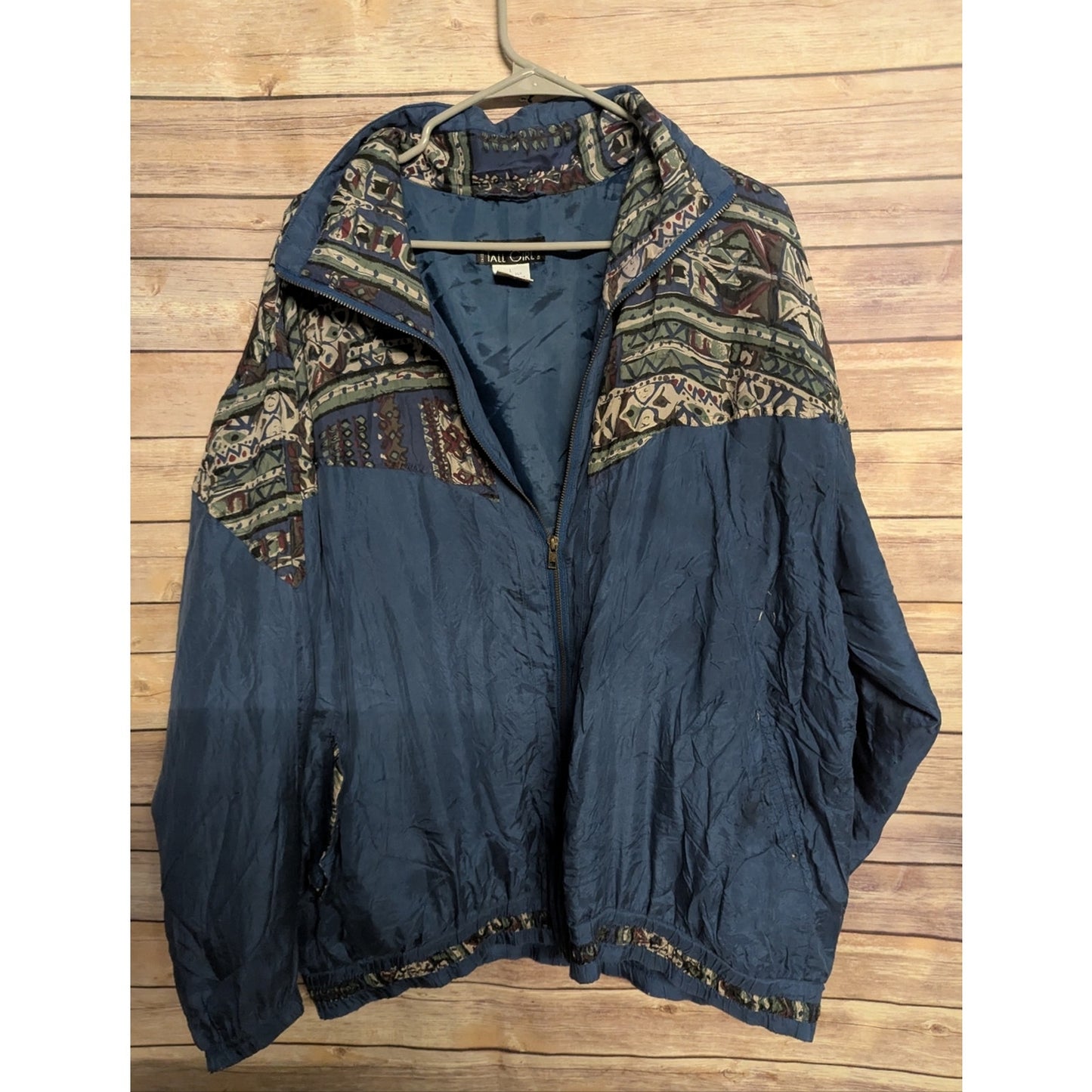 Vintage Tall Girl Silk Bomber Jacket Women’s Large Blue Tribal Geometric Windbre