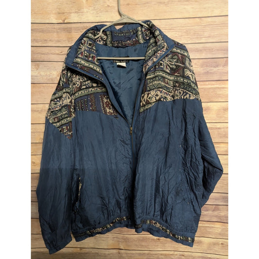 Vintage Tall Girl Silk Bomber Jacket Women’s Large Blue Tribal Geometric Windbre