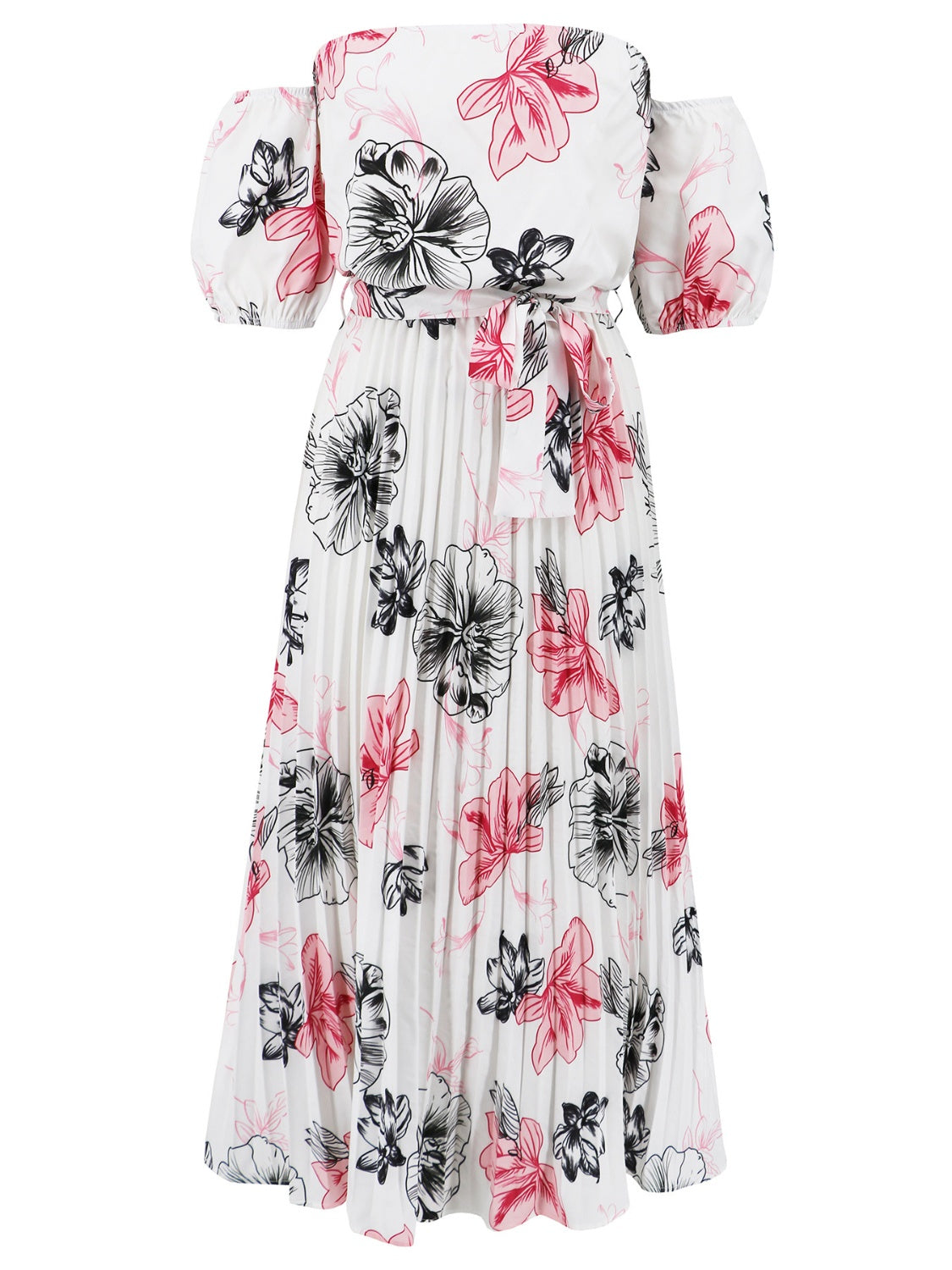 Pleated Floral Off-Shoulder Short Sleeve Midi Dress - Scarlett's Riverside Boutique 