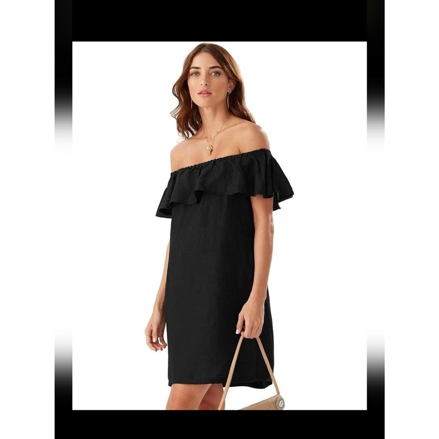 Tommy Bahama Womens L Black Linen Blend Off Shoulder Ruffle Dress Cover Up