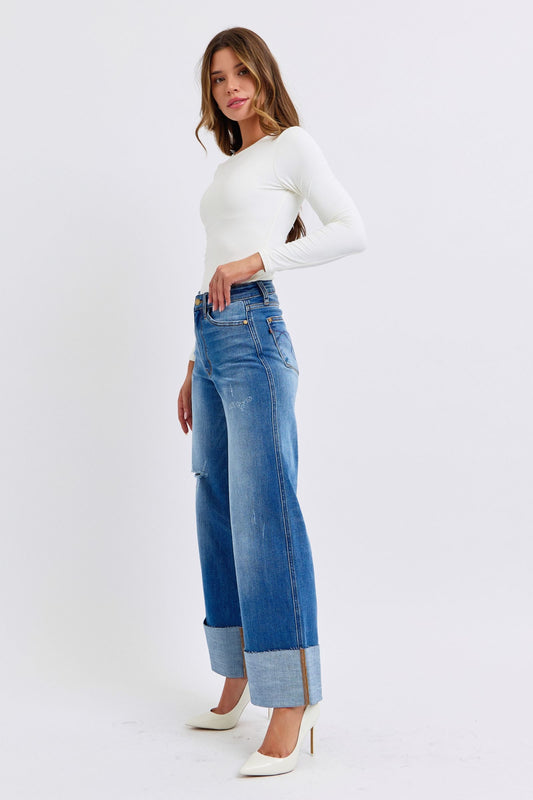 Judy Blue Full Size Distressed High Waist Wide Leg Jeans - Scarlett's Riverside Boutique 