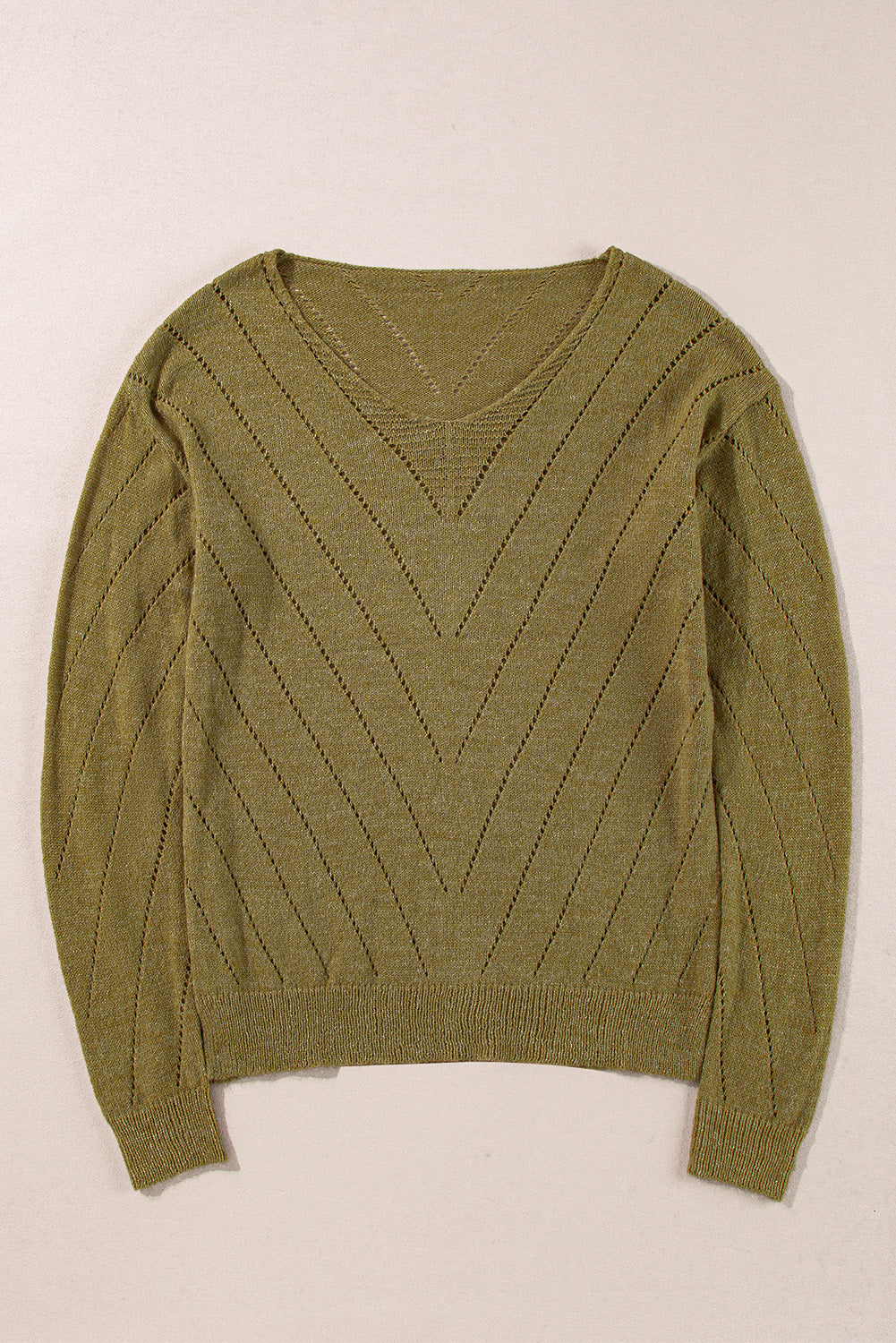 Sage Green Solid Eyelet Drop Shoulder V Neck Sweater - Scarlett's Riverside Boutique 