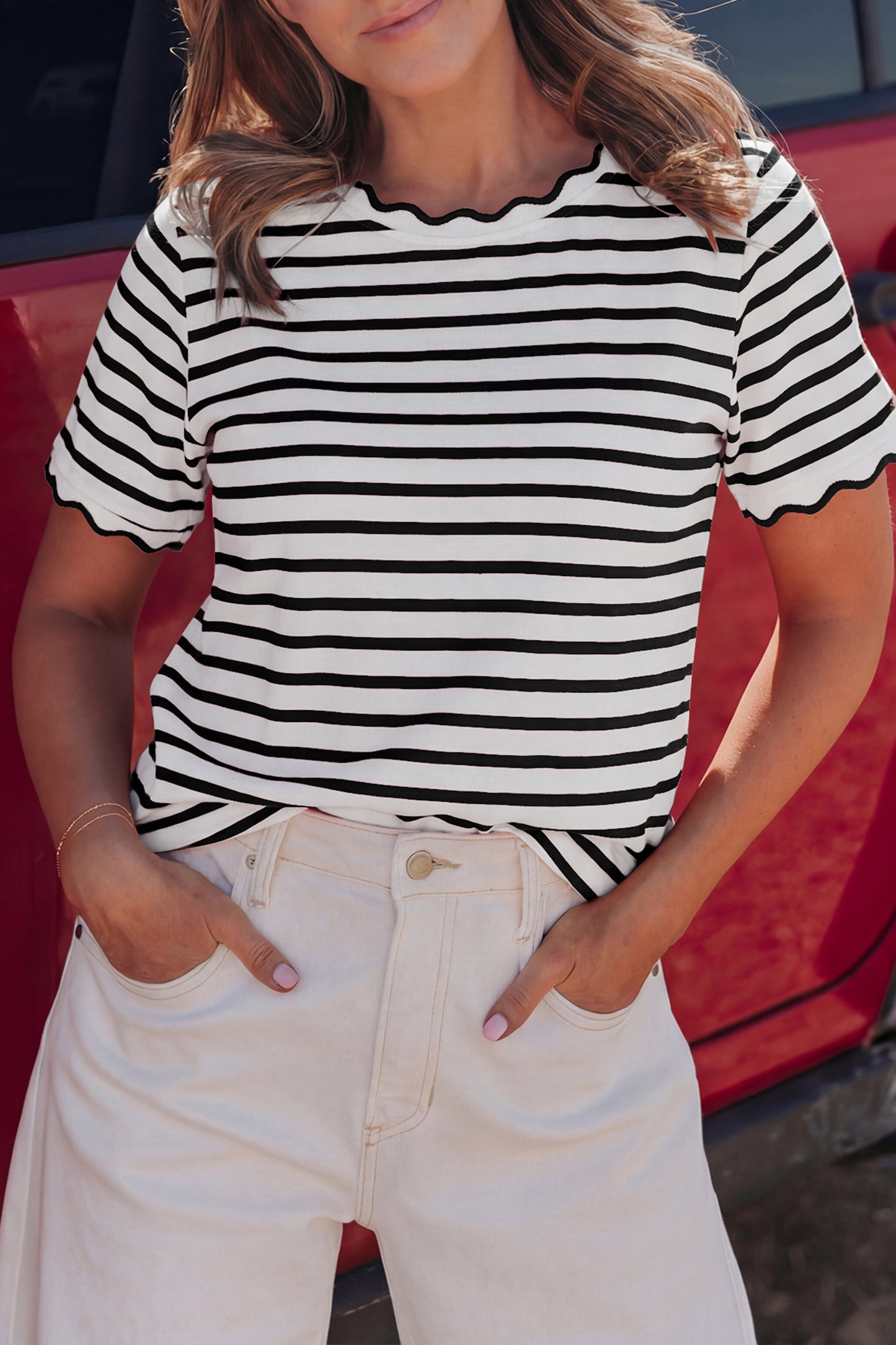 Red Stripe Scalloped Trim Round Neck T Shirt