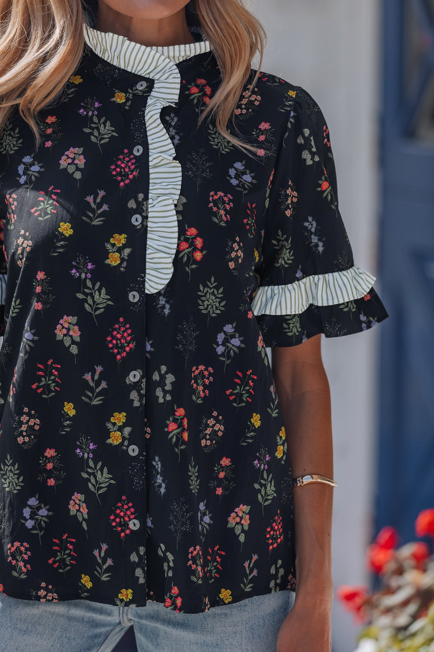 Women’s Black Floral Ruffle Blouse | Button Down Romantic Cottagecore Top with Striped Detail