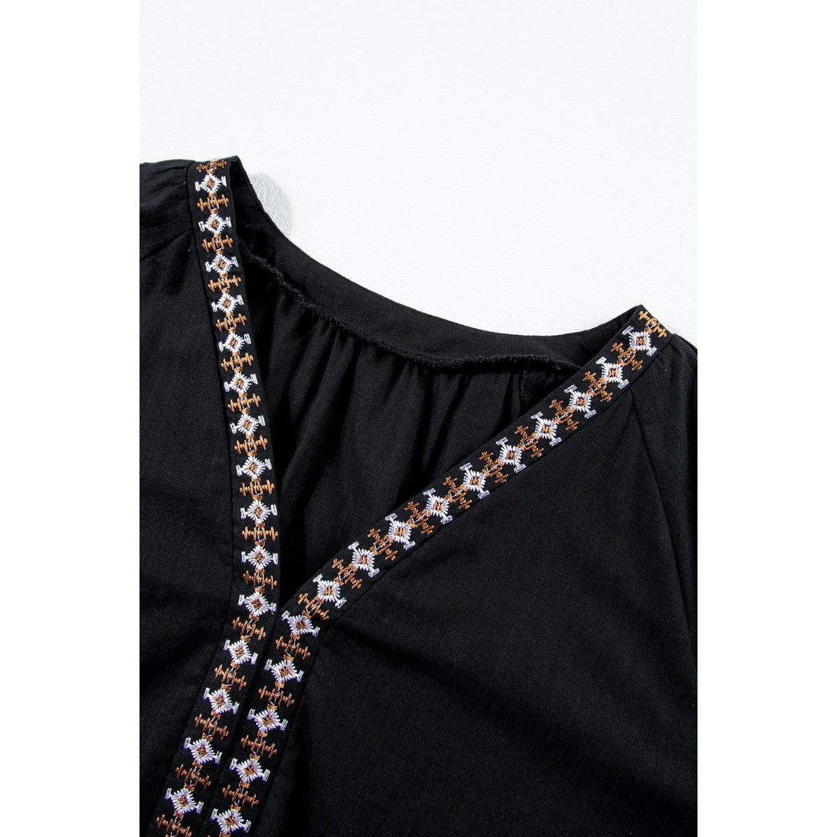 Embroidered V-Neck Three-Quarter Sleeve Blouse Cotton Shirts Top Womenswear