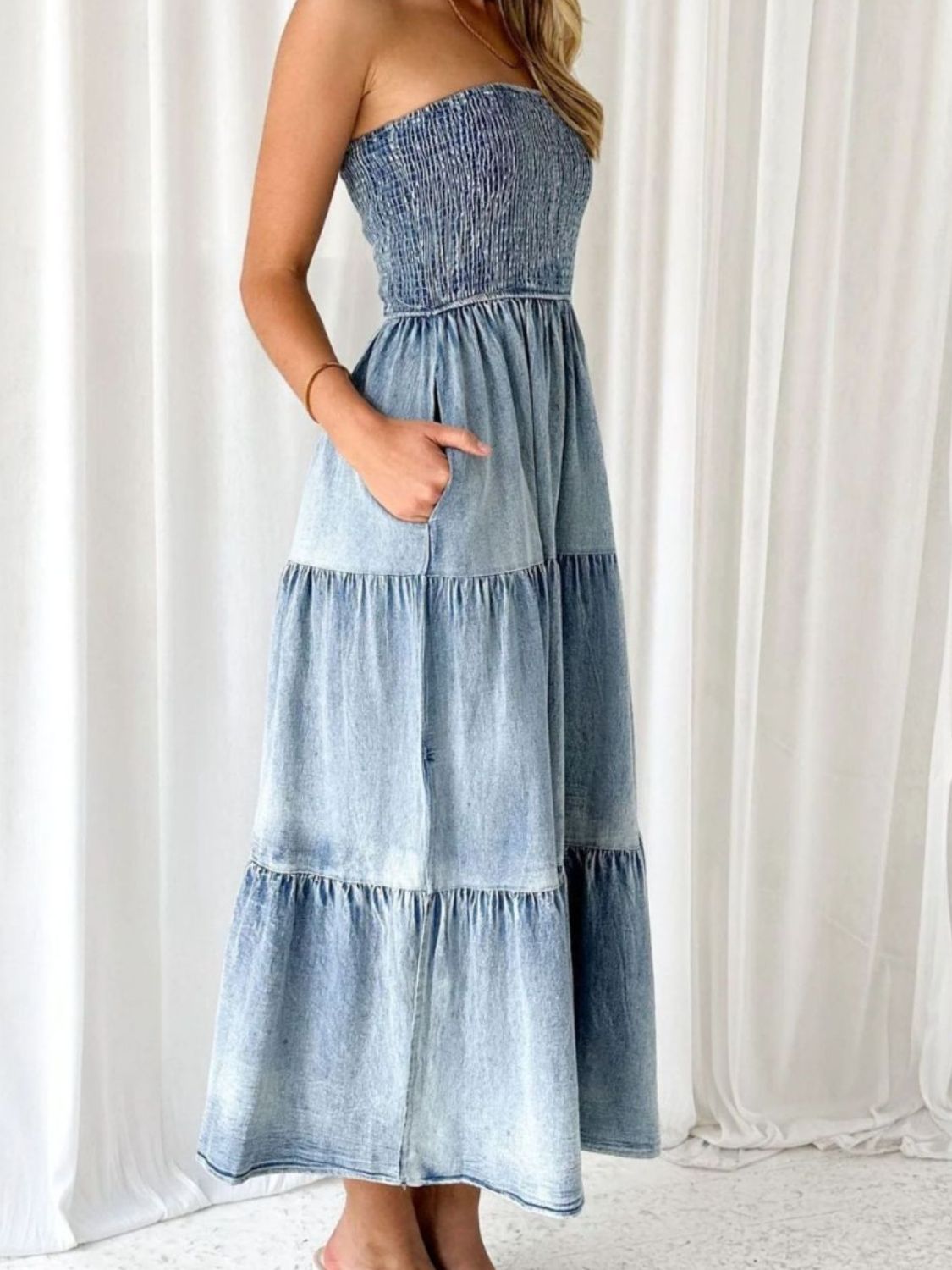 Slit Smocked Tube Tiered Denim Dress - Scarlett's Riverside Boutique 