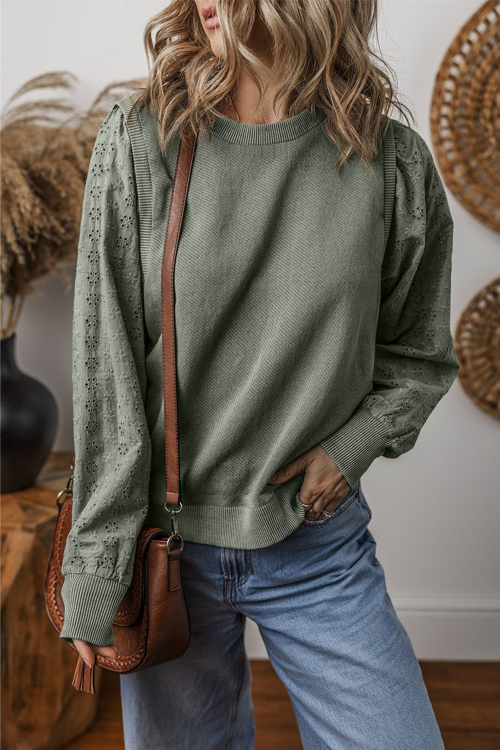 Eyelet Round Neck Long Sleeve Sweatshirt