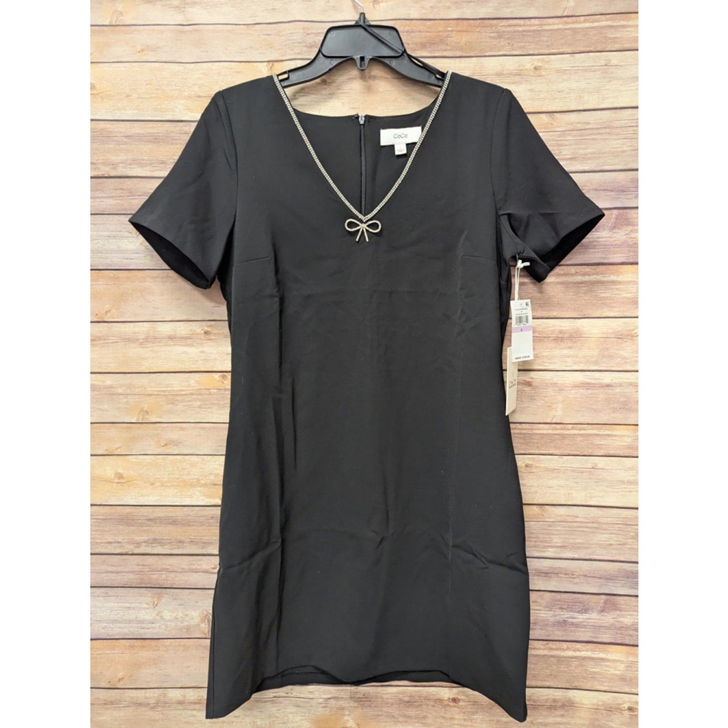 CeCe NWT Black Rhinestone Bow Sheath Dress | Short Sleeve V-Neck | Size 6