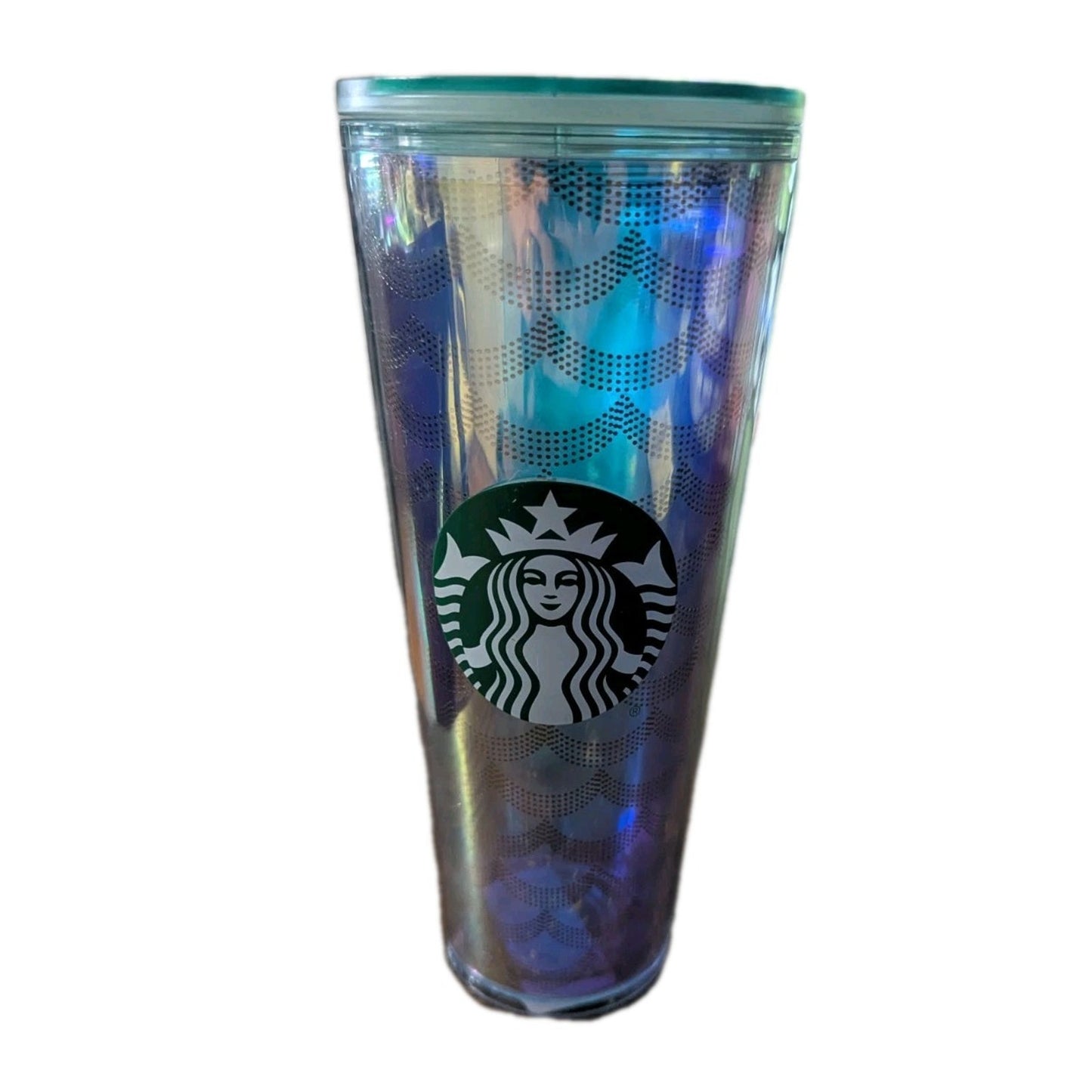 Starbucks Iridescent Mermaid Scale Cold Cup Tumbler Teal Lid Siren Logo 24 oz