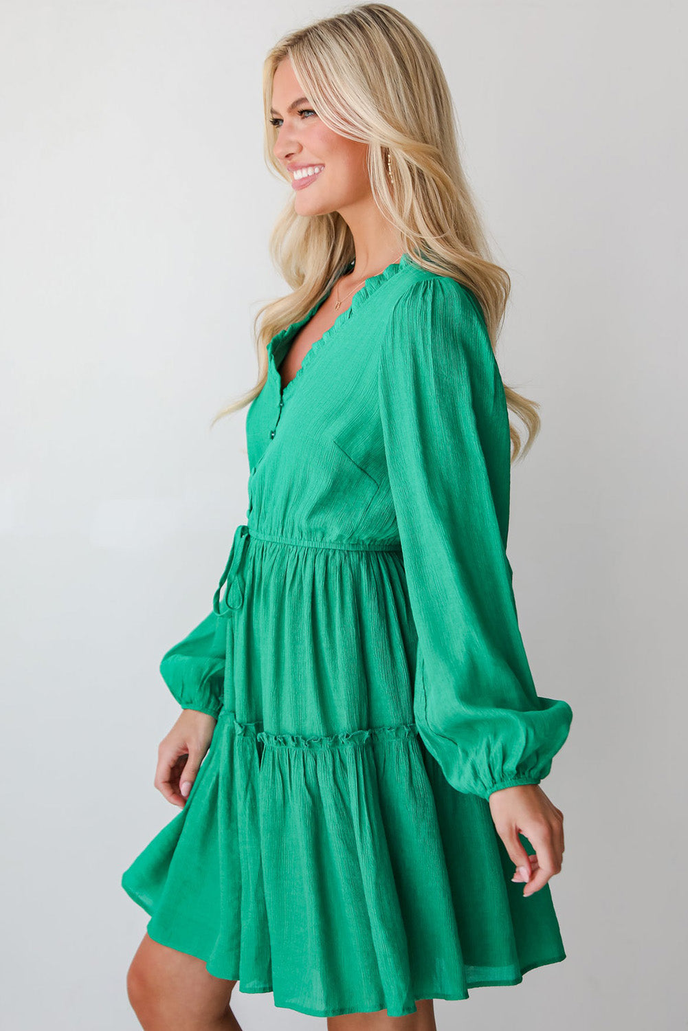 Sea Green Frilly V Neck Puff Sleeve Drawstring Shift Mini Dress - Scarlett's Riverside Boutique 