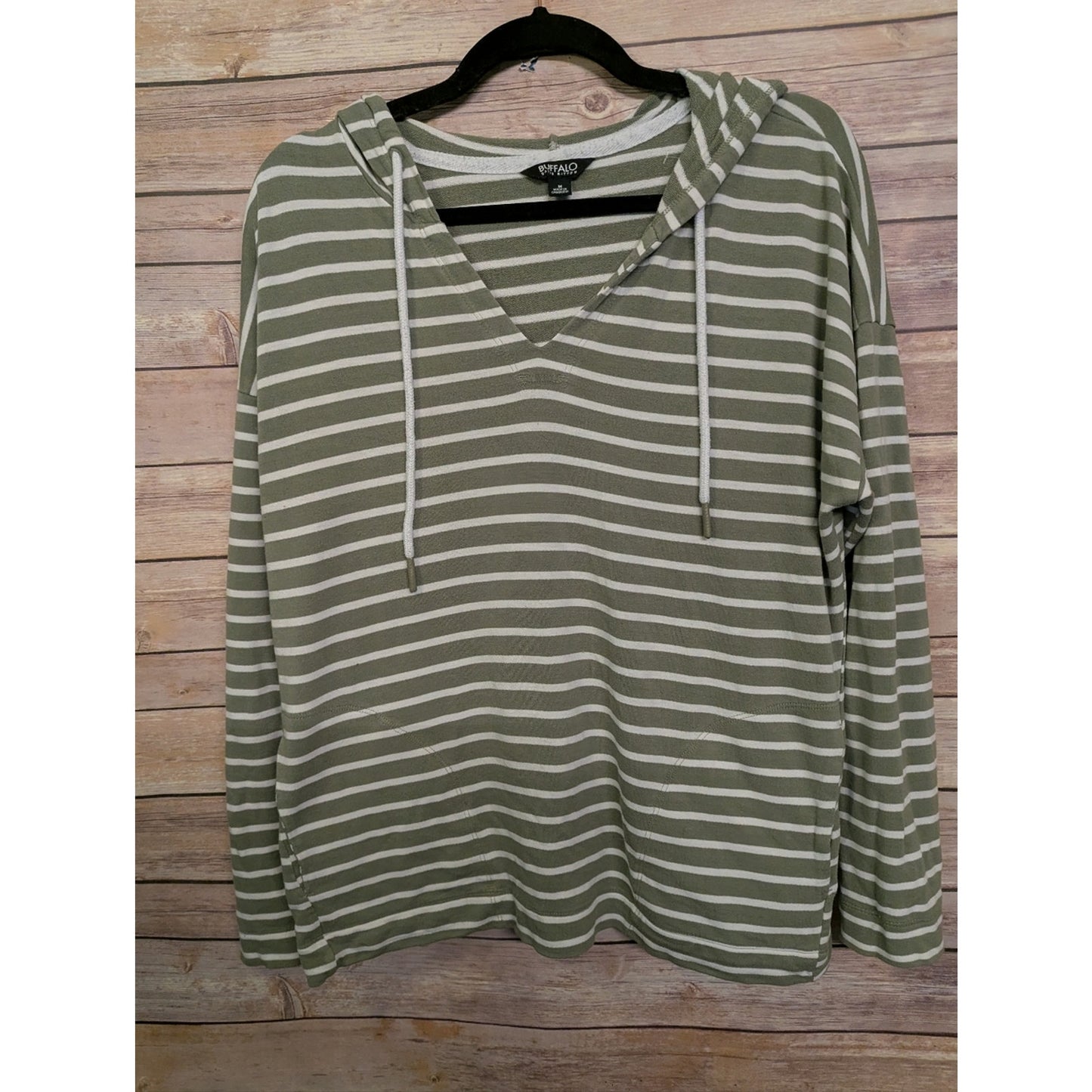 Buffalo David Bitton Hooded Striped Top Medium Olive Green White V-Neck Long Sle