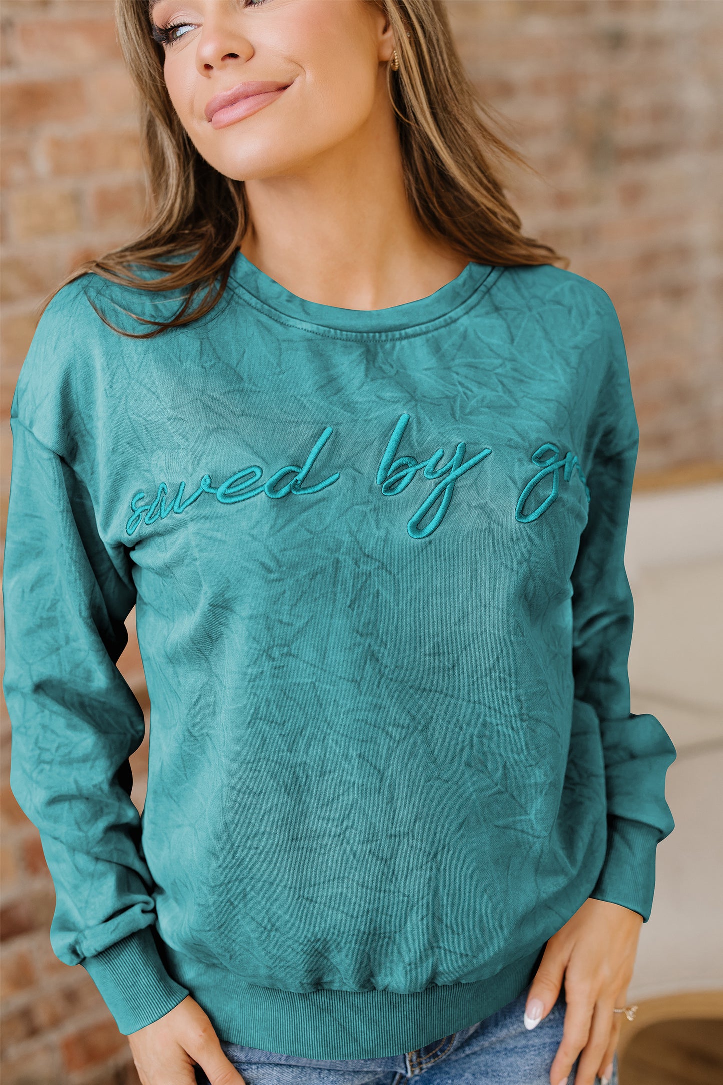 Mineral Red saved by grace Letter Embroidery Mineral Wash Loose Sweatshirt