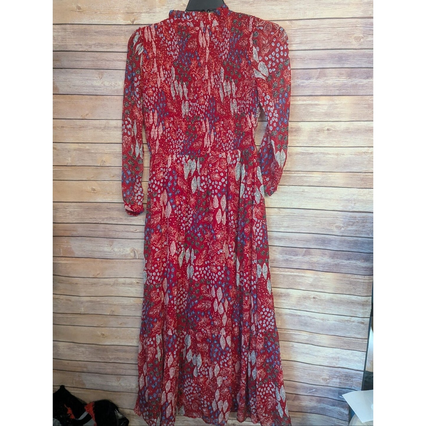 LOFT Red Floral Print Long Sheer-Sleeve Maxi Dress Sz 8