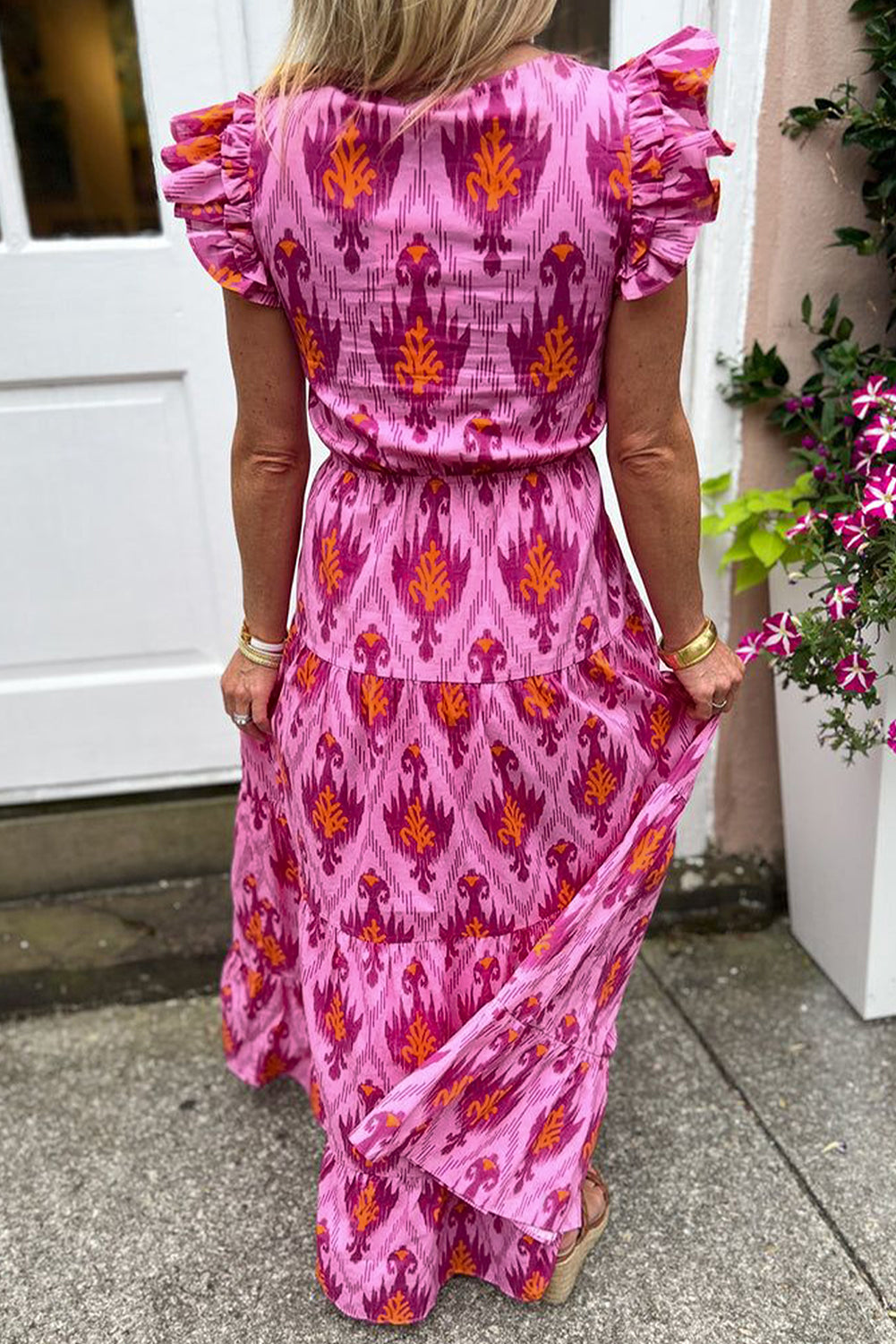 Bonbon Retro Print Twisted Front Ruffled Sleeve Maxi Dress - Scarlett's Riverside Boutique