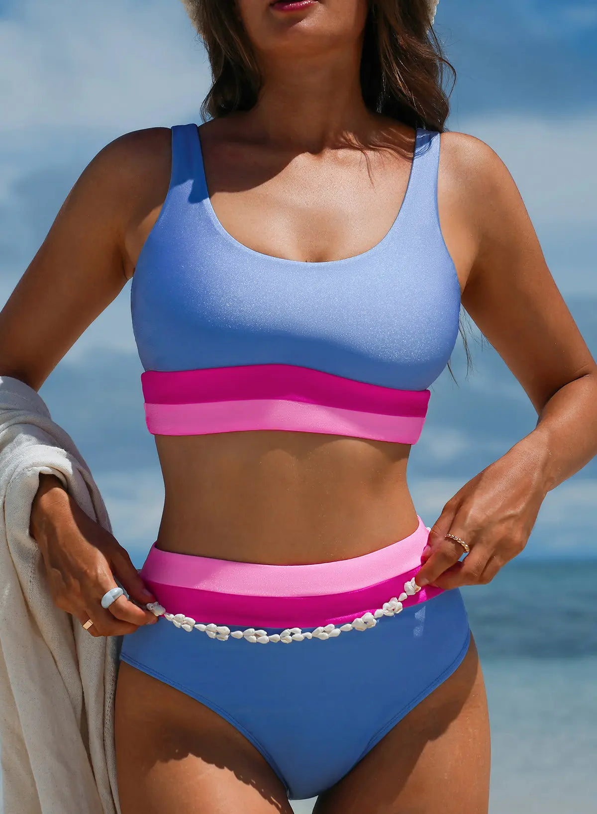 Light Blue Colorblock High Waisted Bikini Swimsuit - Scarlett's Riverside Boutique