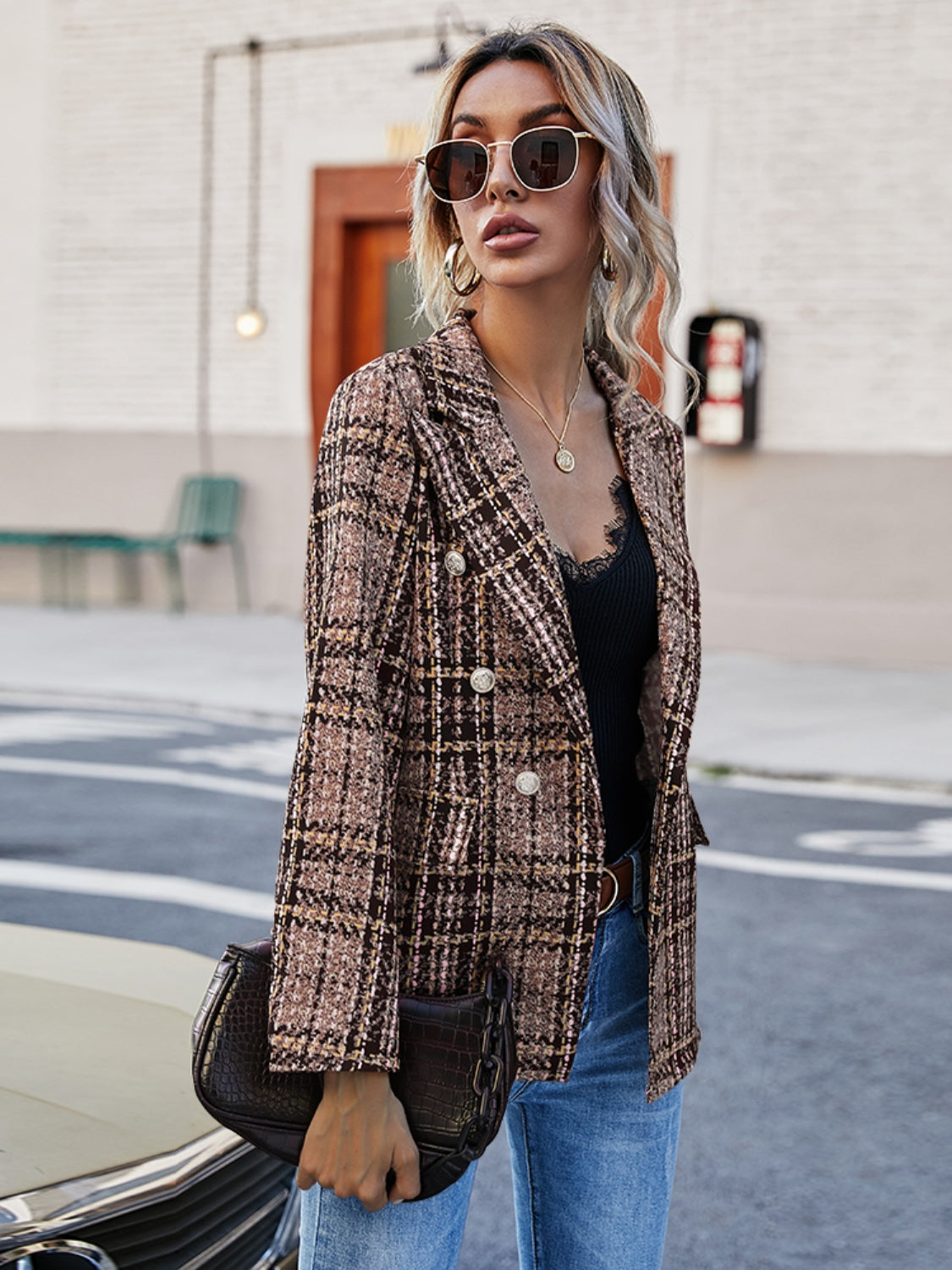 Full Size Plaid Lapel Collar Blazer - Scarlett's Riverside Boutique 