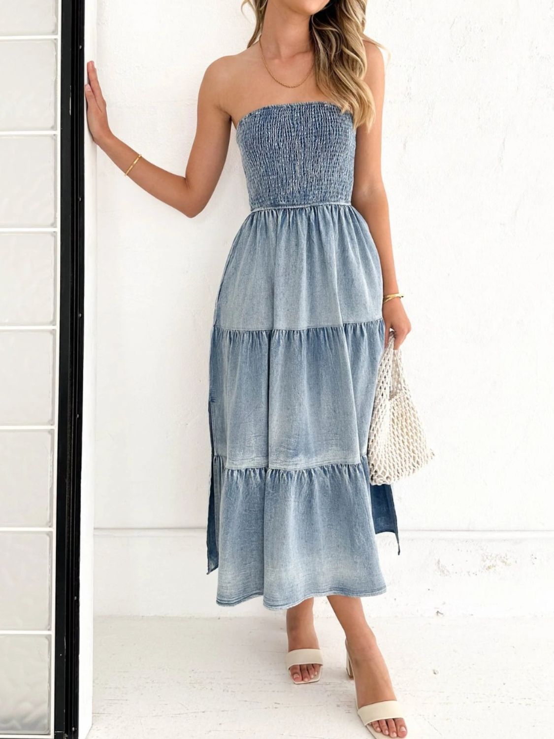 Slit Smocked Tube Tiered Denim Dress - Scarlett's Riverside Boutique 