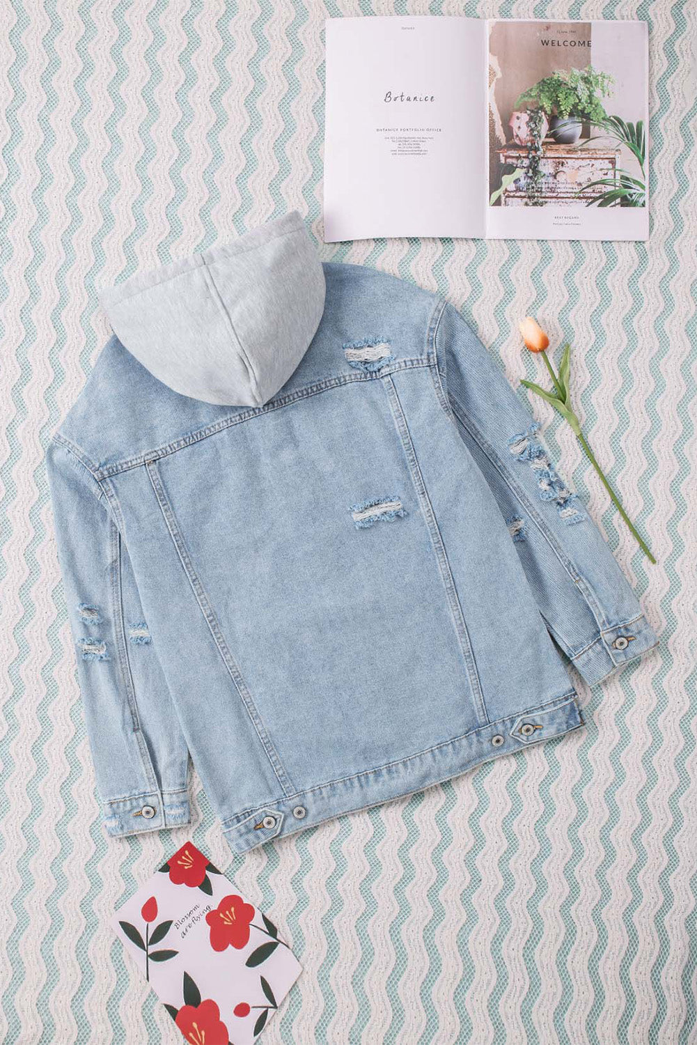 Distressed Hooded Denim Jacket - Scarlett's Riverside Boutique 