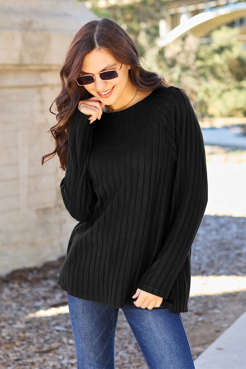 Basic Bae Full Size Ribbed Round Neck Long Sleeve Knit Top - Scarlett's Riverside Boutique 