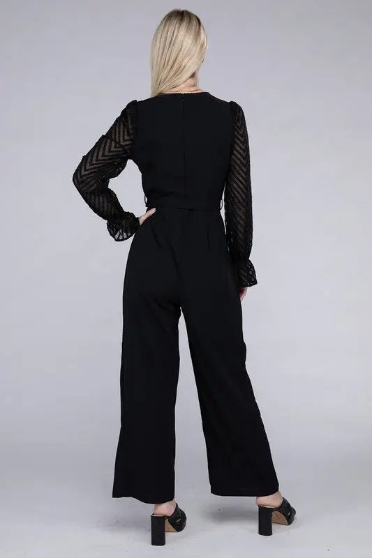 Sheer sleeve and Wide leg Jumpsuit - Scarlett's Riverside Boutique 