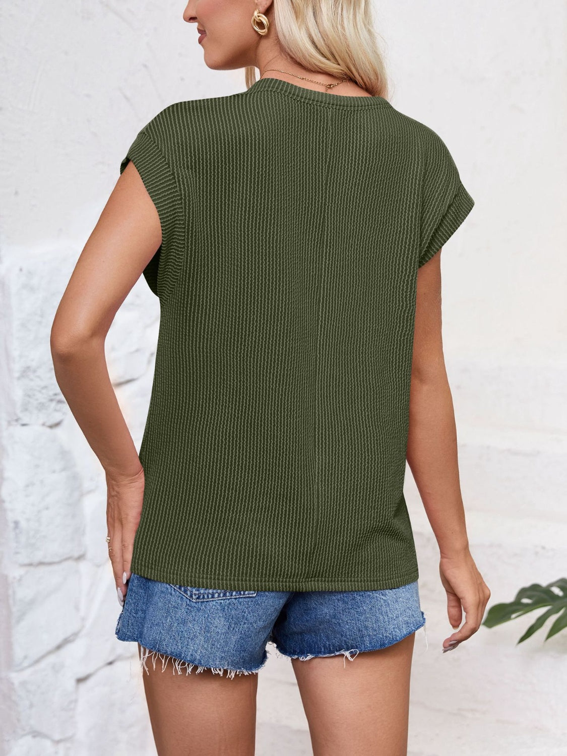 Textured Round Neck Cap Sleeve Blouse - Scarlett's Riverside Boutique 