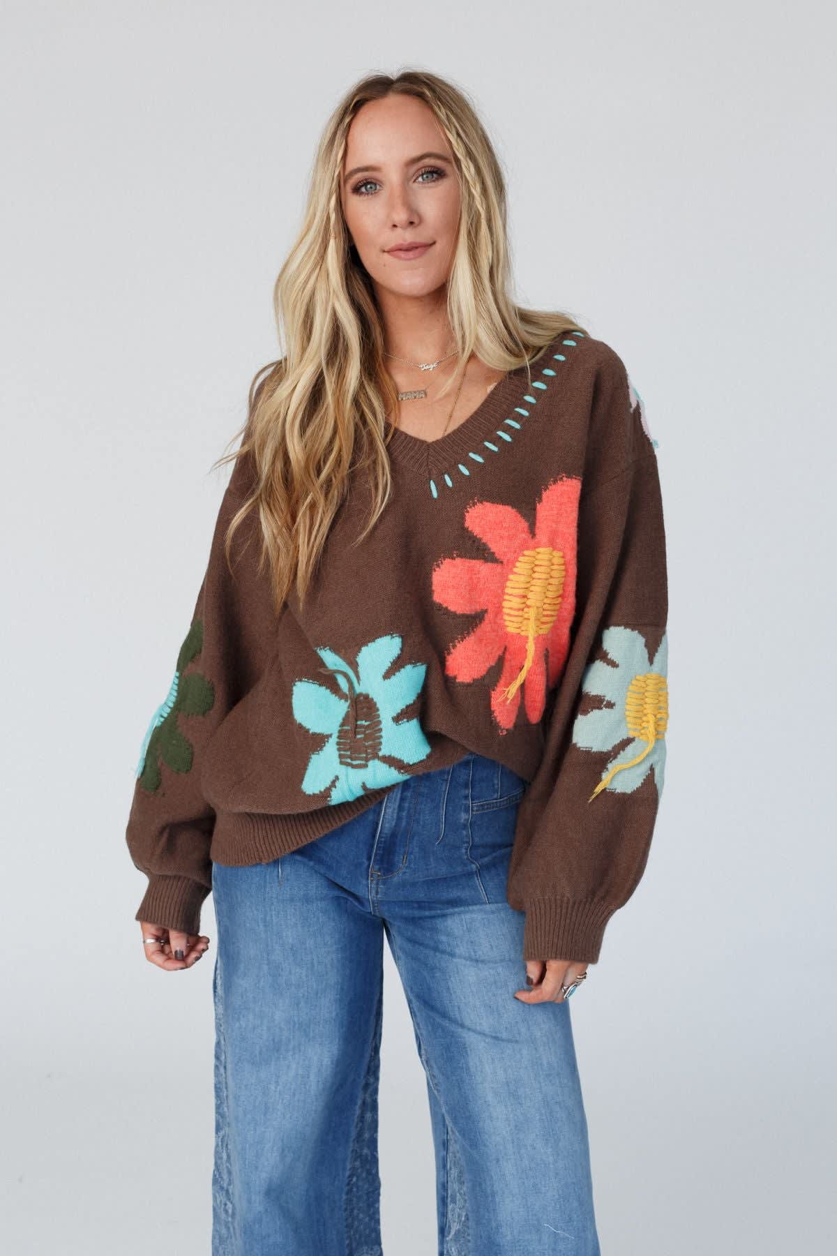 Coffee Big Flower Pattern V Neck Drop Shoulder Sweater
