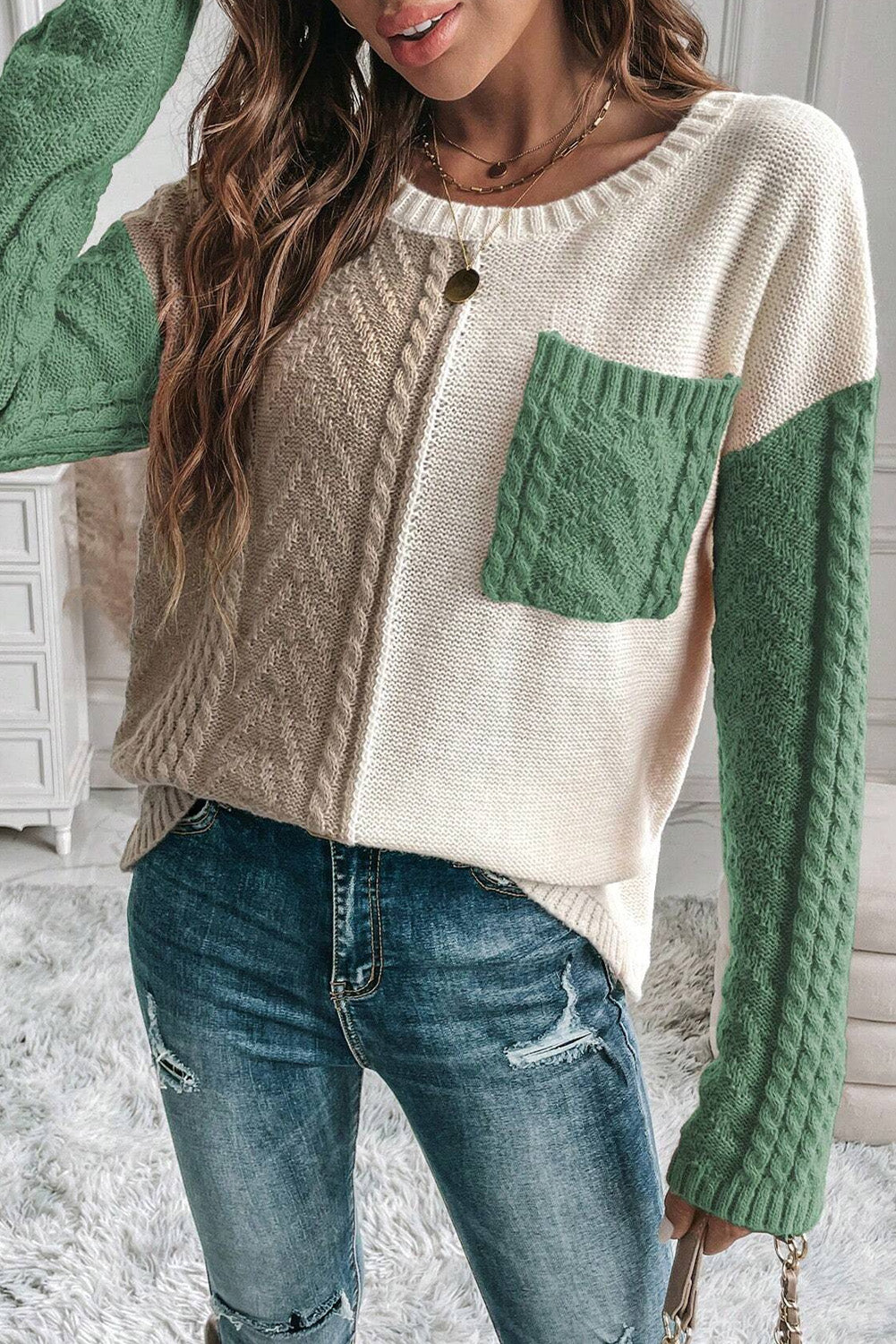 Vineyard Green Colorblock Patched Pocket Drop Shoulder Sweater - Scarlett's Riverside Boutique 