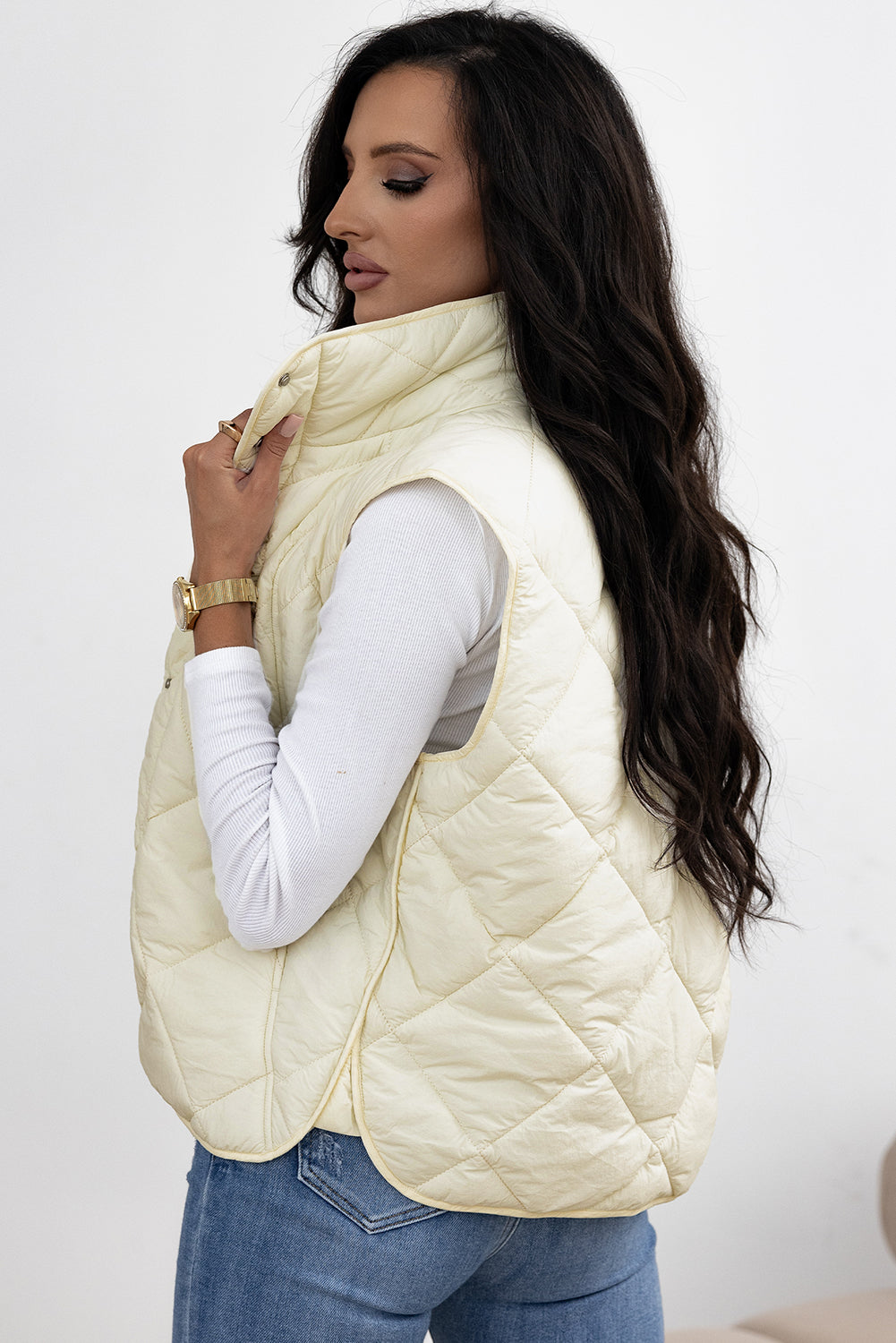 Beige Quilted High Neck Button Up Pocket Vest Coat - Scarlett's Riverside Boutique 