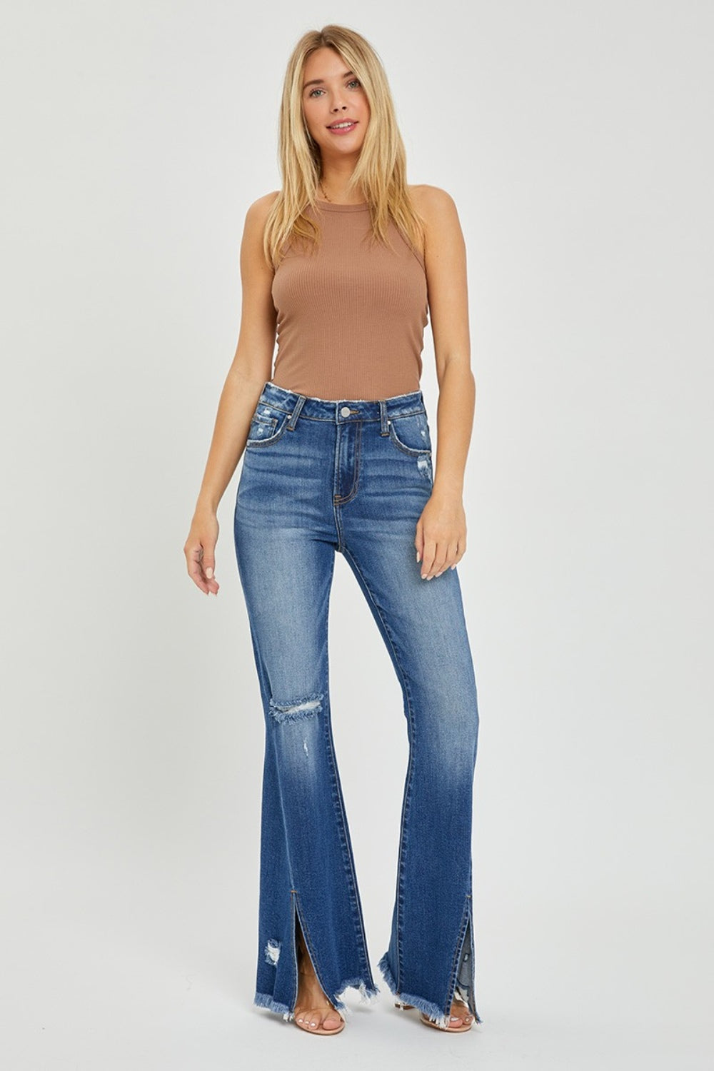 RISEN Full Size High Rise Front Slit Frayed Hem Flare Jeans - Scarlett's Riverside Boutique 